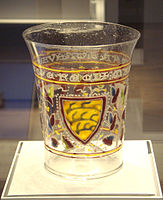 Aldrevandini beaker, a Venetian glass with enamel decoration derived from Islamic technique and style. c. 1330.[36]