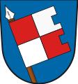Stadt Bad Königshofen i.Grabfeld In Blau eine schräg gestellte, eingekerbte, von Rot und Silber gevierte Fahne an goldener Lanzenstange.