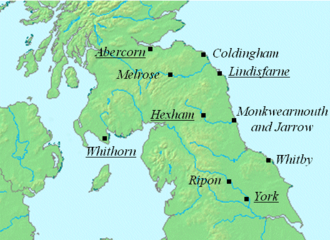 Map of Northumbria, showing the bishopric of Whithorn on the west coast, Abercorn on the north coast, Lindisfarn on the northeast coast and york in the south. The bishopric of Hexham is in the centre. The abbey of Ripon is between York and Hexham and Whitby is on the coast south of Lindisfarne.