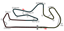 Track layout of the Portimao circuit. The track runs clockwise and has fifteen corners, varying from sharp hairpins to the long sweeping final turn. The pit lane is located on the inside of the track between the final and first turns.