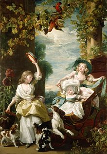 a Georgian painting of three young girls in elaborage clothes, playing with small dogs in a fanciful pastoral setting