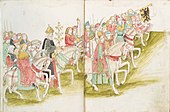 1460 AD. A mix of different-sized business (far right) playing ahead of Holy Roman Emperor Sigismund. One trumpet resembles the thurner horn.