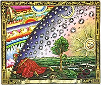 Modern colorized version of the Flammarion engraving, originally drawn by an unknown artist. Also featured in the Cosmos article, serving "as a metaphorical illustration of the scientific or mystical quests for knowledge." For an alternative colorized version, see the Western esotericism page.