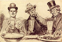 A ink illustration of three men eating & drinking. The one on the left is smiling directly towards the viewer with a sandwich in his hand, the middle one is eating something held with their hand, and the rightmost one is grabbing a nondescript food with his hand. All three are holding glasses. The three men appear to be middle aged or older.
