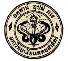 Round logo with two snakes and a torch