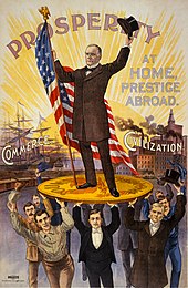 Presidential candidate William McKinley stands on an oversized gold coin carried by a merchant, a capitalist, a businessman, a craftsman and others, beneath the word "Prosperity"