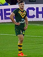 A picture of Penrith Panthers halfback Nathan Cleary playing for Australiain the 2021 Rugby League World Cup