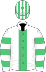 White, emerald green stripe, hooped sleeves, striped cap