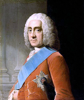 A portrait painting of the Earl of Chesterfield, wearing clothes typical of a mid-eighteenth century British aristocrat.