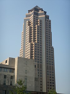Image of the 801 Grand. Taken from the North Eastern corner of the building. The headquarters of PFG on the left.