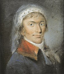 Pastel depicting a portrait of the Vendeangeneral Charette, wearing a blue jacket with a red lapel.