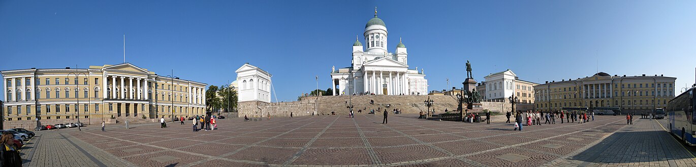 Panorama of the Helsinki Senate Square, designed by Carl Ludvig Engel. From left: the main building of University of Helsinki, Helsinki Cathedral, Government Palace. At the center is a statue of Alexander II by Walter Runeberg.