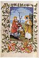 St Odile depicted with St Christopher. Illumination from the Book of Hours of Christopher I, Margrave of Baden-Baden, c. 1519.