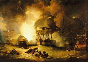 The destruction of L'Orient at the Battle of the Nile, 1 August 1798, painting by George Arnald, on display at the National Maritime Museum.