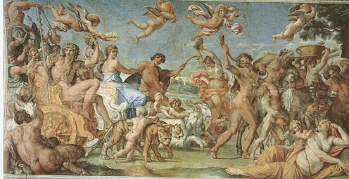 Triumph of Bacchus and Adriane (part of The Loves of the Gods); by Annibale Carracci; c.1597–1600; fresco; length (gallery): 20.2 m; Palazzo Farnese, Rome[105]
