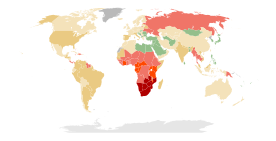 alt=Estimated prevalence in % of HIV among young adults (15–49) per country as of 2011.[46]   No data   <0.10   0.10–0.5   0.5–1   1–5   5–15   15–50