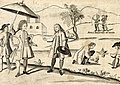 A Spaniard and Criollo talking, while Indios are cockfight with Aetas in the background. detail from Carta Hydrographica y Chorographica de las Yslas Filipinas.