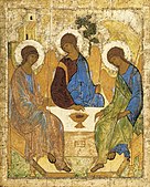 Holy Trinity, Hospitality of Abraham; by Andrei Rublev; c. 1411; tempera on panel; 1.1 x 1.4 m (4 ft 8 in x 3 ft 83⁄4 in); Tretyakov Gallery (Moscow)