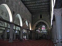 Interior of the Al Aqsa mosque, central isle, looking south towards the Mihrab.