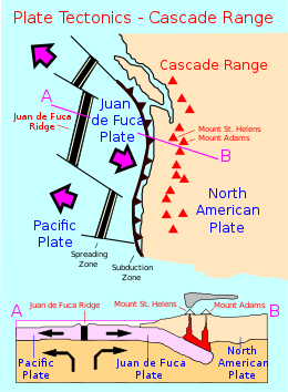 Map showing black vertical bars set in a blue field with their ends connected by thin lines. A contoured line with sharp bumps point toward a nearby coastline. In between is the label "Juan de Fuca Plate".