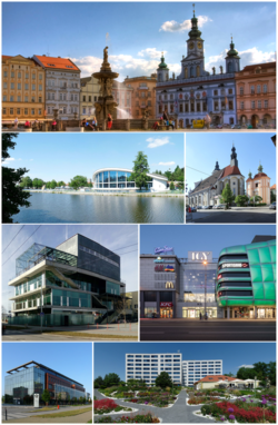 From top: Ottokar II Square, city swimming stadium, Cathedral of St. Nicholas, Máj centre, IGY shopping centre, Faculty of Arts of the University of South Bohemia, regional hospital