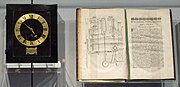 Spring driven pendulum clock, designed by Huygens, built by instrument maker Salomon Coster (1657), and manuscript Horologium Oscillatorium