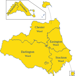 The wards and exclaves of the palatinate. Bedlingtonshire was part of Chester-le-Street Ward, and Craikshire was part of Darlington Ward.