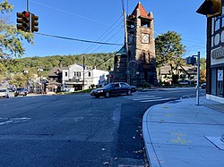 Main Street and Old Northern Boulevard in Downtown Roslyn, looking southeast. The famous Ellen Ward Clock Tower is at right.