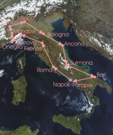 Overview of the stages: route clockwise from Rome, up to Turin, down to Bari, and up to Rome