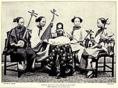 China, (left to right) sanxian, pipa, two huqin type fiddles, c. 1907, Fuzhou.