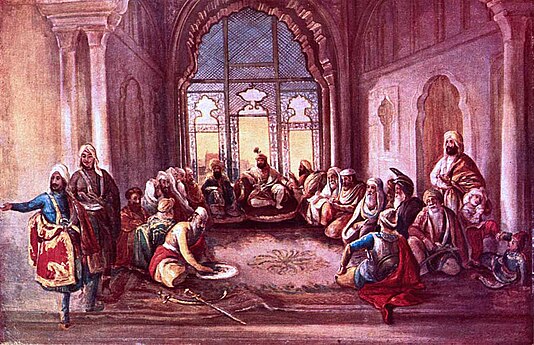 Maharaja Sher Singh and his council in the Lahore Fort in 1841.