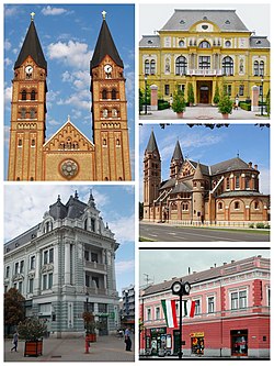 Left: Our Lady of Nyíregyháza Cathedral, Saving Palace (Takarekpalota) Right: Nyíregyháza City Hall, A view of Cathedral from Kossuth Street, 25 Kossuth Street (All items were from above to bottom)