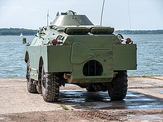 The triangular cover for the water jet on the rear of this ex-East German BRDM-2 has been opened to prepare for water jet propulsion.