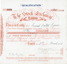 Aktie der London Stock Exchange, ausgegeben am 31. März 1920, deklariert als qualification share. Das Kapital der Börse bestand seit der Gründung aus 20.000 Aktien, die nur von ihren Mitgliedern gehalten wurden, wobei Treuhänder und Geschäftsführer verpflichtet waren 10 Qualifizierungs-Aktien zu halten.