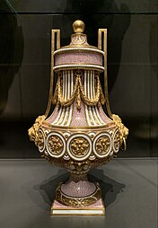 Louis XVI style vase decorated with festoons, design attributed to Jean-Claude Chambellan Duplessis, by the Sèvres porcelain factory, 1780, painted and gilded hard-paste porcelain, gilt bronze, Rijksmuseum Amsterdam, the Netherlands