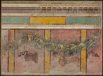 Roman trompe-l'œil wall painting from a villa, with festoons and bucrania, c.50-40 BC, fresco, Metropolitan Museum of Art, New York