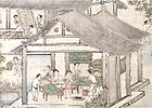 A small ink drawing showing a group of women inside an open-walled house preparing trays of mulberry leaves; more trays are stacked in another room behind them.
