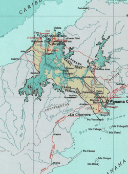 Map of Panama Canal Zone. The Caribbean Sea is at the top left, the Gulf of Panama is at bottom right
