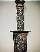Bronze sword with a head-hunting theme from the Dian culture of ancient Yunnan (circa 100 BCE) unearthed at Jiancheng and displayed at Yunnan Provincial Museum, Guandu, Kunming, 2016.
