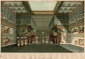 Illustration of a hall in the Assyrian Palace of Ashurnasrirpal II by Austen Henry Layard (1854)