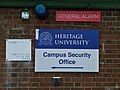 A sign for the fictional Heritage University