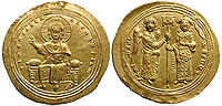 Byzantine gold histamenon coin of 1041/2. The emperor is crowned by the hand.