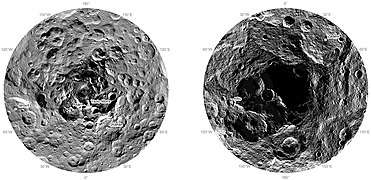 Ceres, polar regions (November 2015): North (left); south (right). The south pole is in shadow. "Ysolo Mons" has since been renamed "Yamor Mons."[73]