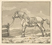 Paard in een weiland dat aan een hek gebonden is by Wouter Johannes van Troostwijk