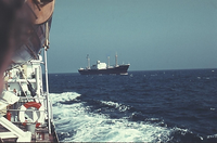 The German cargo ship Helga Howaldt to starboard of Sabine Howaldt (Note the two flags at the top of the ship)