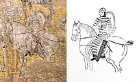 Knight in armour in the Buddhist depiction of the War of the Relics, Shorchuk, Karashahr, 8th century CE.[15]