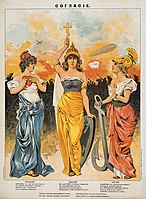 1914 Russian poster depicting the Triple Entente – Britannia (right) and Marianne (left) in the company of Mother Russia.