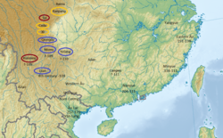 Dian and the southwestern peoples in the early Han period. Red means nomadic, yellow is semi-nomadic, and purple is sedentary.