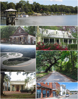 Clockwise from top: May River, Heyward House, a gravel path, Carecore Drive, a post office, Myrtle Island, and The Store