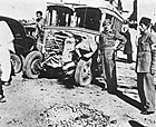 An Arab autobus after being attacked by Irgun during the 1948 Israeli-Arab War.